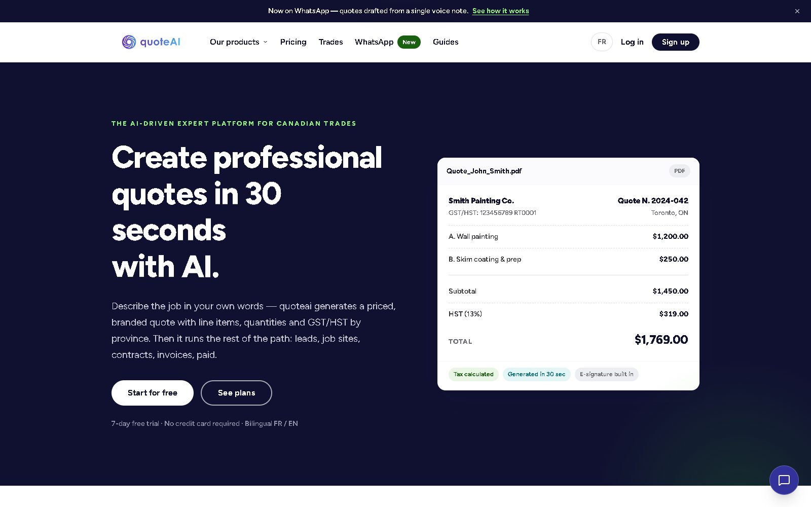 La homepage di QuoteAI: a destra un preventivo di un'impresa di tinteggiatura di Toronto con subtotale di 1.450 dollari, HST al 13 % e totale di 1.769 dollari